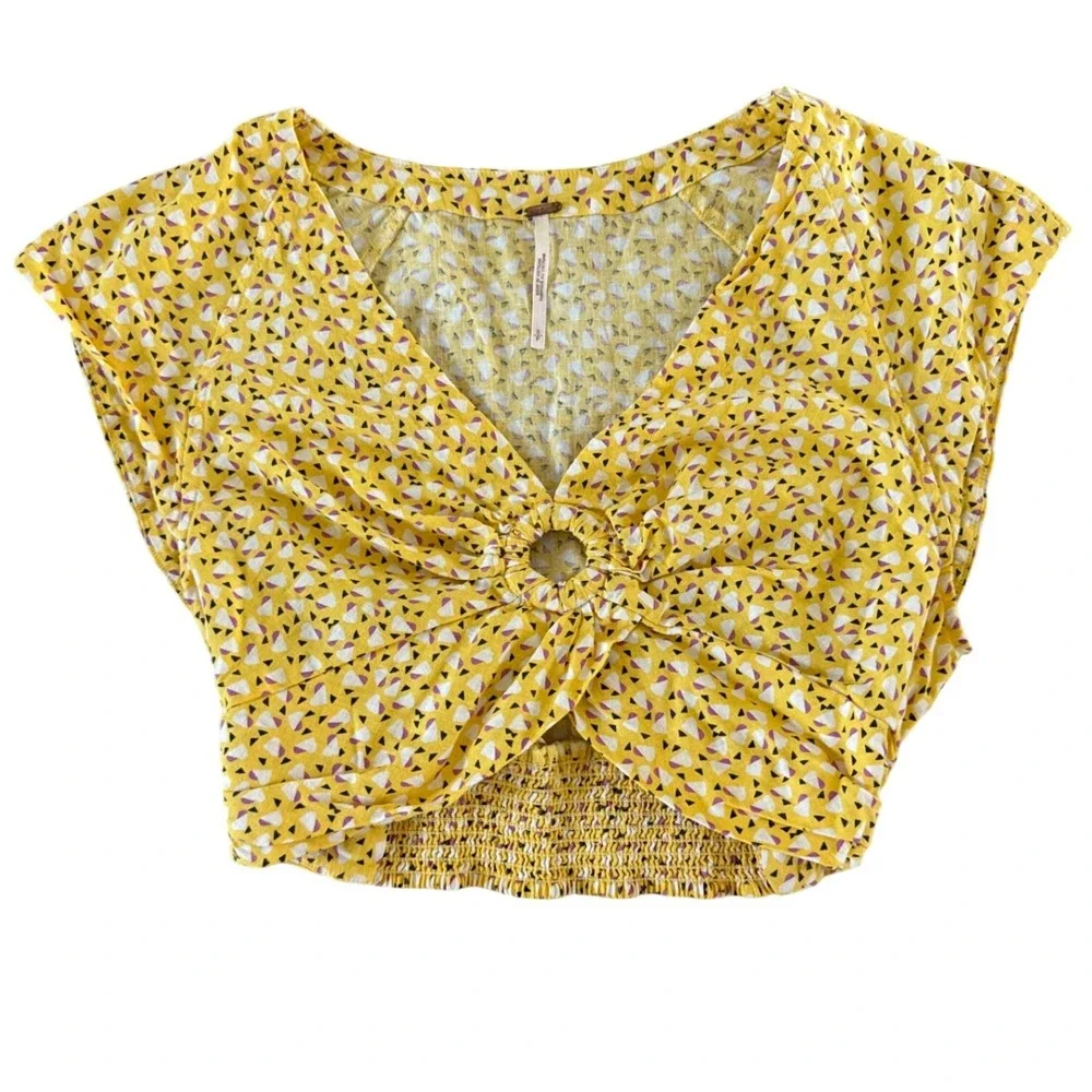 Free People Womens Havana Honey V-Neck Crop Top Linen Blend Small‎ Boho Chic $68